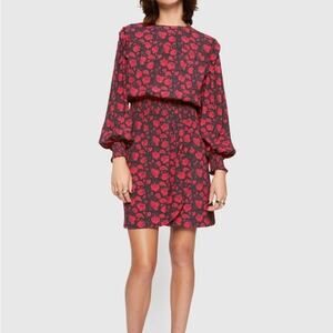 REBECCA MINKOFF Dress Medium NWT Red Floral Long Sleeve Smocked Waist Mini